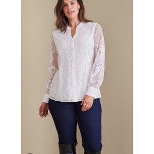 Soft Surroundings White Buttonfront Lace Embroidered Fiori Top Women's PXL Ivory